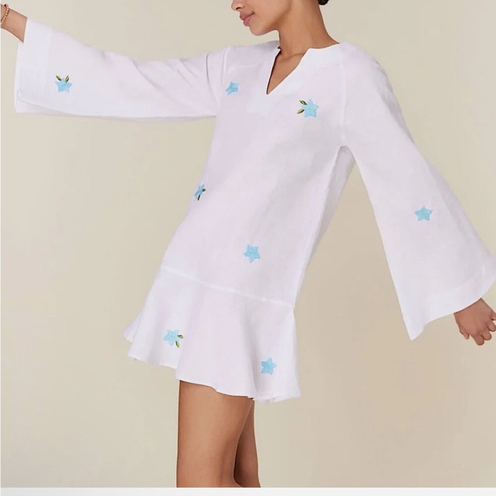 Fanm Mon White Dress with Blue Embroidery